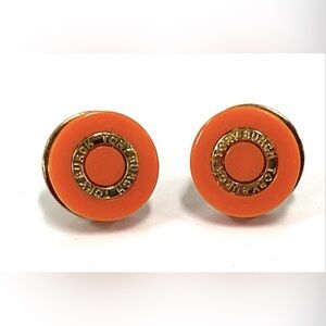 Tory Burch Orange Circular Logo Button Earrings with Gold Ring